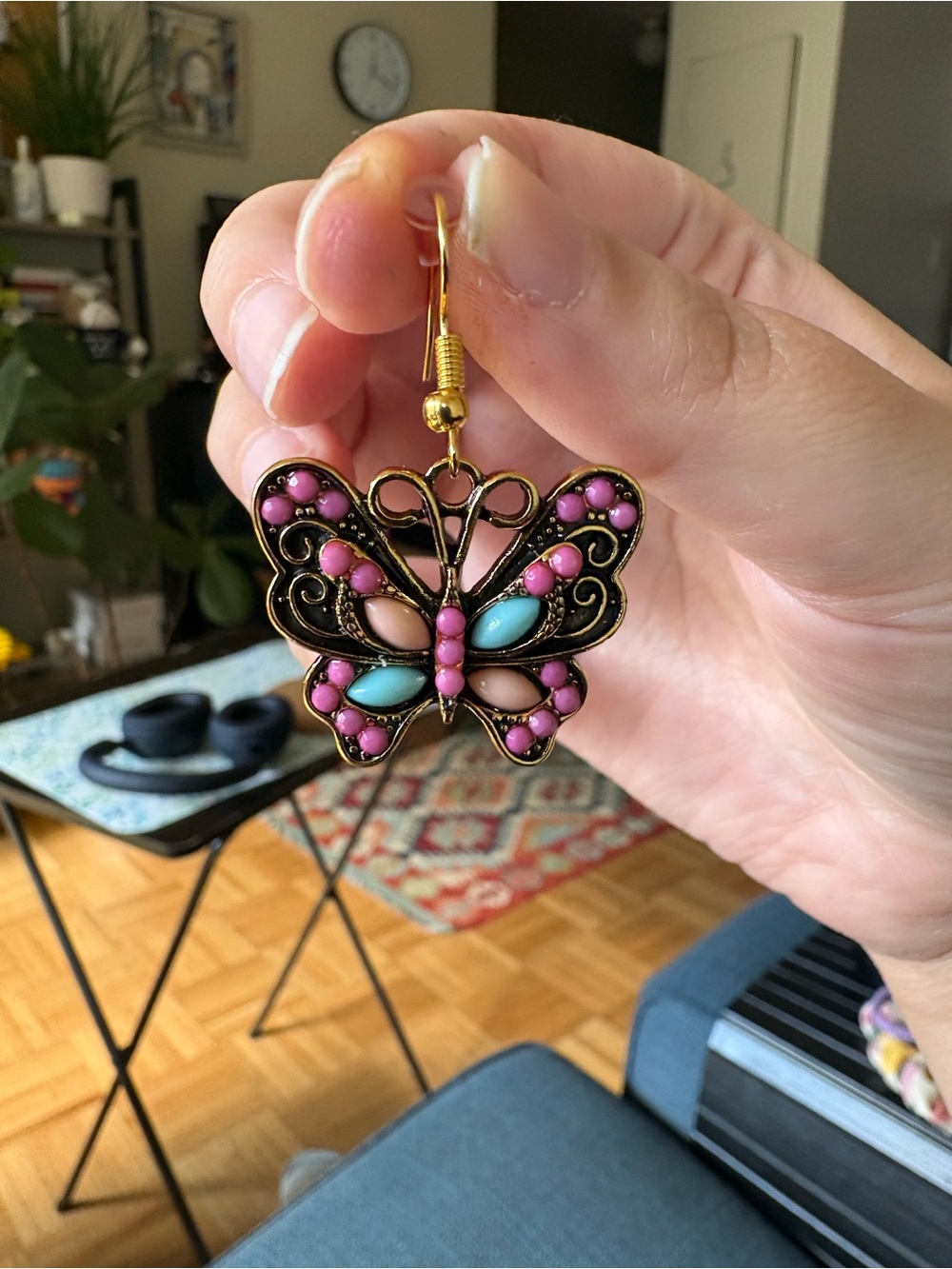 Gold-Tone Pink & Mint Butterfly Drop Earrings - Picture 5 of 8
